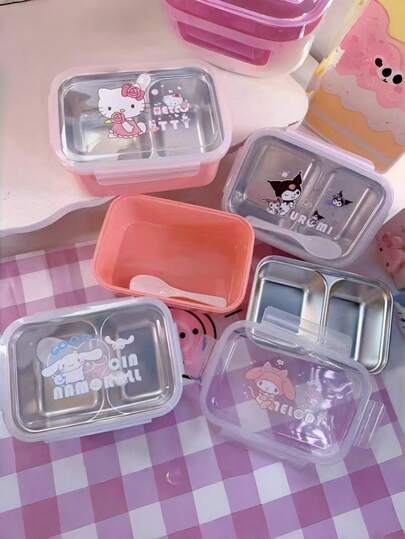 Sanrio 1 szt. Sanrio Hello Kitty i Coulombi, kwadratowy, dzielony lunchbox ze stali nierdzewnej – pudełko na owoce z łyżeczką, w zestawie sztućce, uroczy wzór postaci Coulombi, szczelna pokrywka, przenośny, kwadratowy pojemnik na żywność dla pracowników biurowych, na pikniki, do szkoły (tylko mycie ręczne), pojemnik na żywność piknikową | Przenośne przechowywanie posiłków | Sanrio