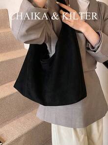 1 件 Low Tea 纯色绒面面料单肩包，女士复古时尚新月形单肩包，顶部单手设计，按扣闭合，适合旅行、购物、约会、女士礼物，非常适合通勤、户外、旅行、徒步旅行和外出 - 黑色 - 查看 7