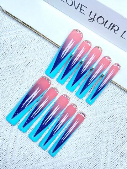 10 szt. Y2K Extra Long French Press On Nails, pełne pokrycie, sztuczne paznokcie, ręcznie robione, prasowane paznokcie z 3D błyszczącymi kryształkami, idealne na wesela, imprezy, walentynki, urodziny, prezenty świąteczne, idealnie dopasowane, wielokrotnego użytku zdobienia paznokci, 1 szt. żel żelowy/1 szt. mini paski polerujące, odpinany zestaw prasowanych paznokci.