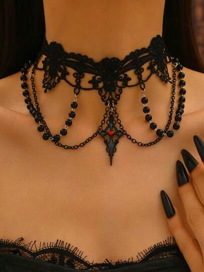 1Pc Gothic Dark Lace Neckring Necklace,Women's Jewelry For Daily Wear,Gift For Friends&Family,Halloween Lolita Accessory