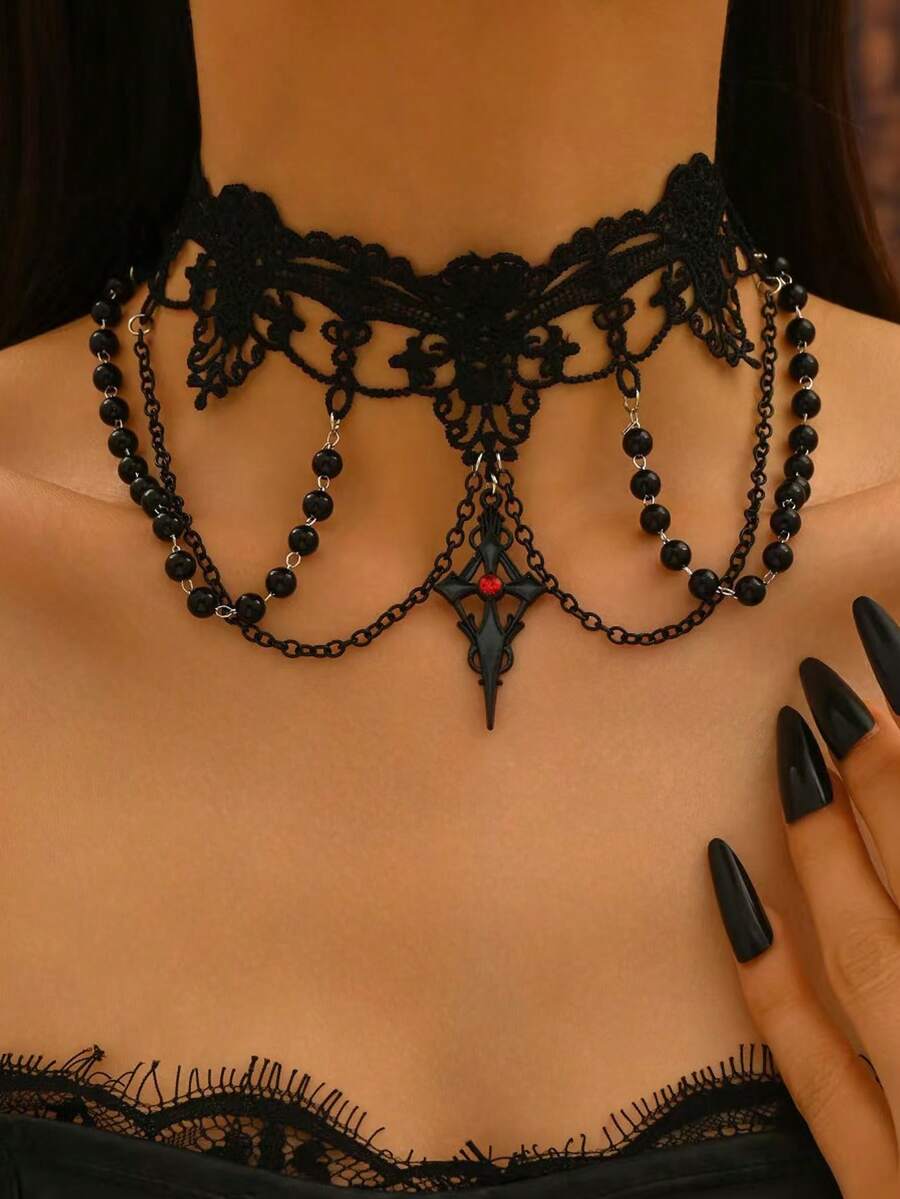 1Pc Gothic Dark Lace Neckring Necklace,Women's Jewelry For Daily Wear,Gift For Friends&Family,Halloween Lolita Accessory