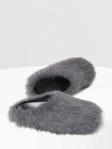 New Womens Faux Fur Slipper Round Toe Fuzzy Fluffy Comfortable Flat Warm Gray Furry Slipper Home Bedroom Slides Shoe Thick Plush Casual Wear Cozy Style Easter Gifts Flat Indoor Outdoor All Weather Spring Summer Flat Sandals For Women - 灰毛 - 查看 6