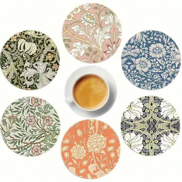 6pcs Wooden Heat Insulation Coasters, Spring Floral Design, Home Kitchen Cup Mats, Tea And Coffee Coasters, Christmas & Thanksgiving Gifts, Party Tableware Decor, 1 Set Of 6