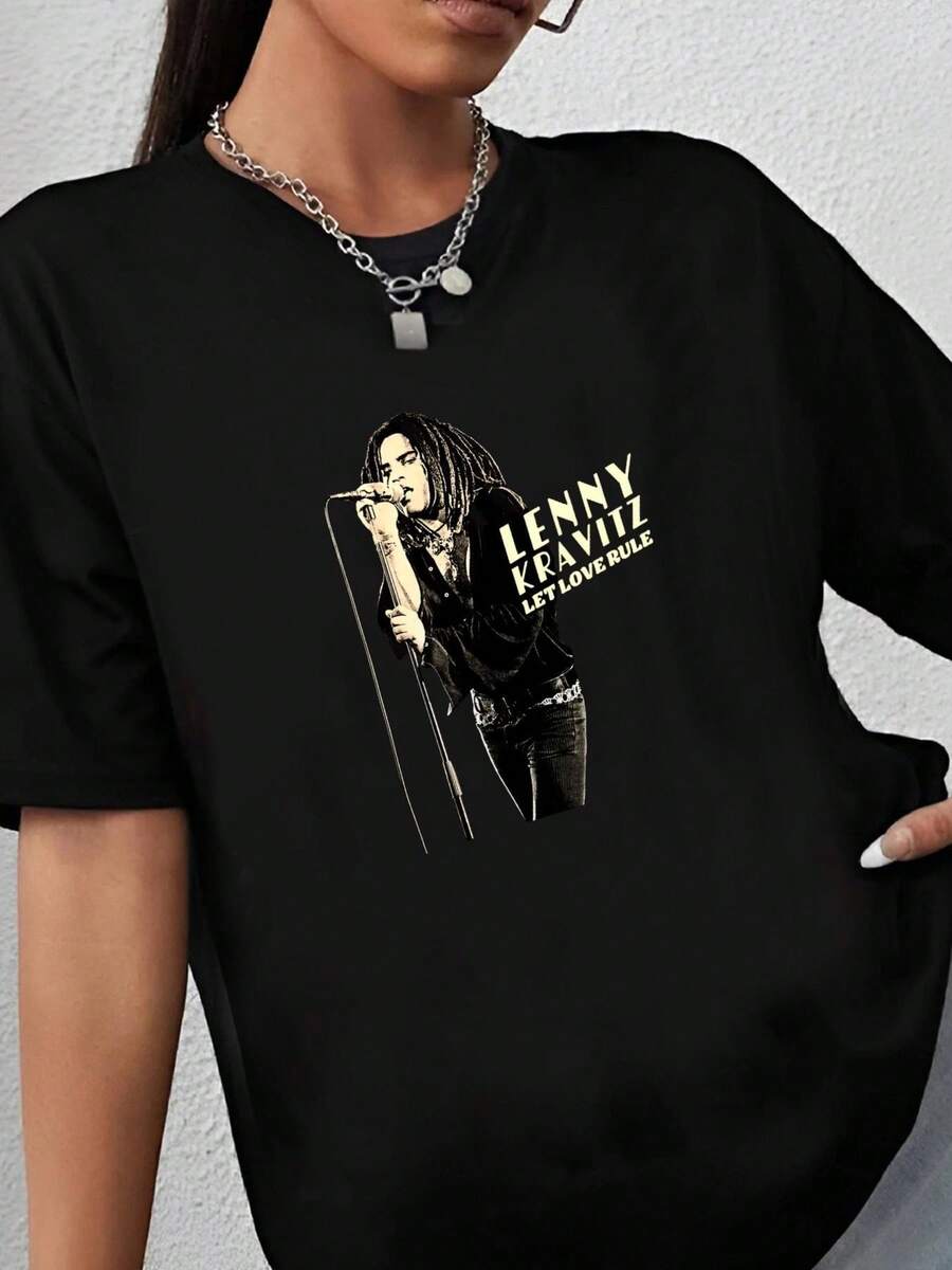180g pure Cotton Lenny Kravitz Love Rule T Shirt Comfortable Unisex female designer clothes Casual Breathable graphic Slightly T-Shirt For Women Casual fashion Women Top Graphic Tees streetwear Summer Soft Print Round Neck Short Sleeve Stretched Versatile Stylish - Negro - Ver 1