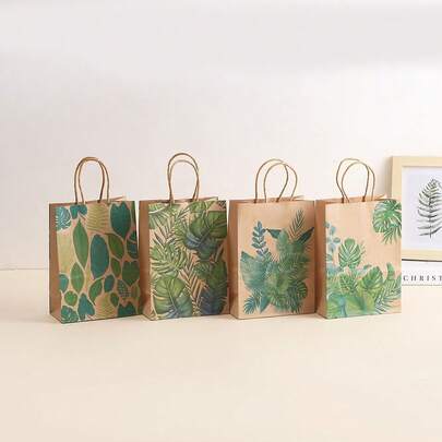 16/24pcs Plant Printed Kraft Paper Christmas Party Gift Bags, Party Favor Bags, Small Gift Bags