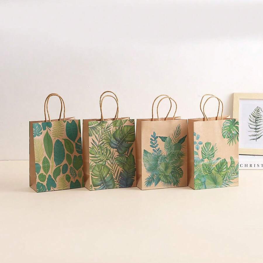 16/24pcs Plant Printed Kraft Paper Christmas Party Gift Bags, Party Favor Bags, Small Gift Bags