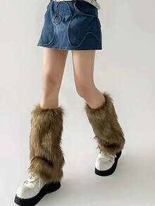 Women Y2K Fur Leg Warmers Soft Furry Leg Warmers For Women Winter Fluffy Boot Cuffs Covers Halloween Santa Costume, Cozy - Khaki - View 6
