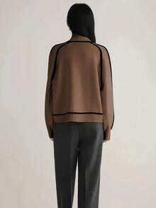 New Fall Casual Color Block Turtleneck Knit Sweater Long Sleeve Top, Back To School - Khaki - View 2