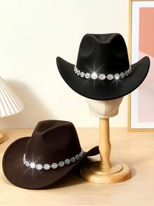 1 pieza Sombrero de vaquero de mujer con decoración de rhinestones, sombrero de fiesta de ala ancha a la moda, adecuado para viajes, fiestas, fiestas con temática de vaquero occidental y uso diario
