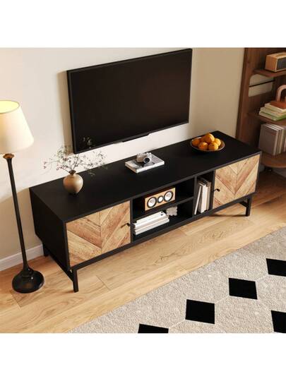 150cm TV St Contrasting Zwart Wood Versatile Storage Space, Including Cabinets, Horizontal Vertical Compartments, Moderne Minimalist view 9