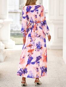 Women's  Fall Boho Maxi Dress Floral Long Sleeve V Neck Flowy Belted Elegant Holiday Party Dresses - Bản in màu nước lớn - Xem 6