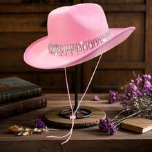 Shiny Rhinestone Cowgirl Hat For Women Solid Color Wide Brim Western Cap With Windproof Rope - Pink - View 3