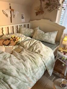 4 piezas Juego de ropa de cama floral vintage, ropa de cama suave y cómoda para el dormitorio, patrón verde lindo de flores y plantas, transpirable y suave para todas las estaciones, incluye 1 funda nórdica, 1 sábana plana, 2 fundas de almohada, sin relleno, adecuado para dormitorio, dormitorio, uso doméstico, disponible en varios tamaños