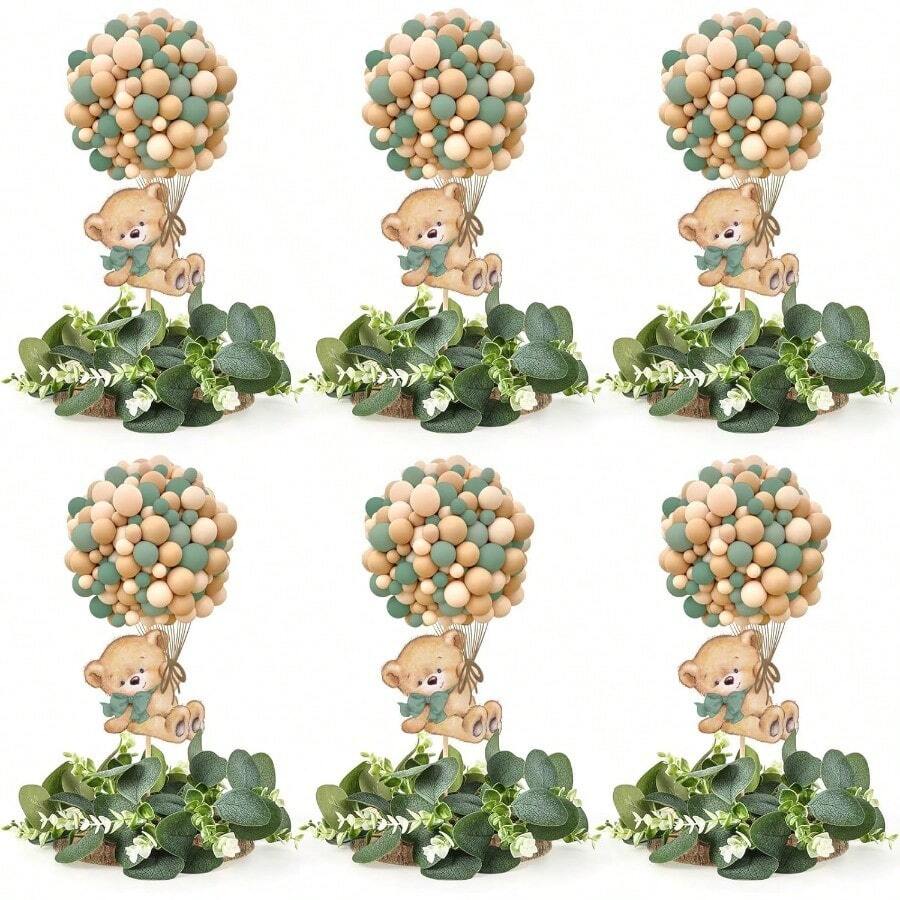 D6 Set Baby Shower Bear Table Centerpieces Decortion Sage Green Bear With Eucalyptus Wreath Wood Slices Welcome Baby Table Toppers For Boy Or Girl Gender Reveal Party Favors - Gấu Xanh - Xem 1
