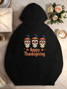 Sudadera con Capucha para Mujer Talla Grande Estilo Mexicano de Calaveras y Sombrero Pilgrim - Fusión México-Acción de Gracias, Cómoda, Abrigada Sudadera Otoño Invierno Con Bolsillo, Lavable a Máquina, Sudadera con Capucha para Mujer Talla Grande de Halloween, Sudaderas con Capucha para Mujeres de Talla Grande, Sudaderas con Capucha para Mujer Talla Grande, Suéteres de Halloween para Mujeres Talla Grande, Sudaderas con Capucha para Mujer, Sudaderas con Capucha de Talla Grande - Oscuro - Ver 1