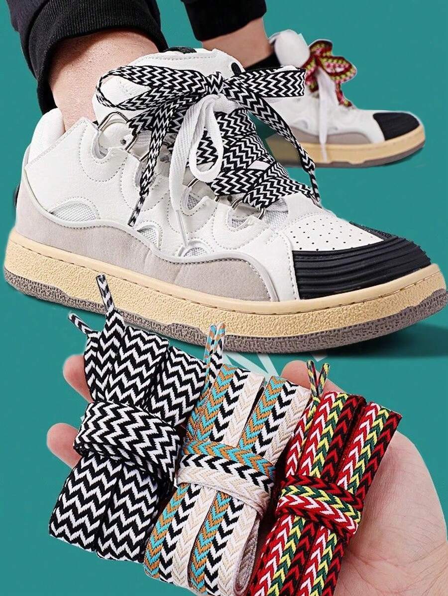 New Skateboard Shoes Contrast Color Wavy Shoelaces, Flat Widened Polyester Shoelaces, Colorful Wavy Pattern Shoelaces