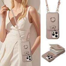 荔枝纹多卡位斜挎真皮手机壳，带风琴式卡套，兼容 17 Pro Max/17 Pro/Air/17/16 Pro Max/16/15/14/13/12/11、A16系列，防摔防盗保护套，带指环支架