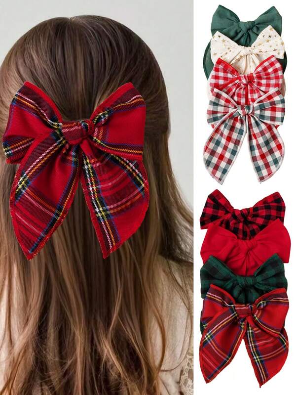 1/4pcs Bow Knot Hair Clips, Solid Color Plaid Hair Clips With Star Decor, Cute Fabric Plaid Hair Clips, Best Gift For Loved Ones