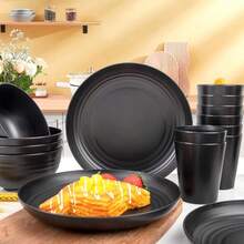 Aparelho de Jantar de Melamina - Preto Fosco 18 Peças – 6 Pratos, 6 Tigelas e 6 Copos - Cozinha - Preto - Visão 3