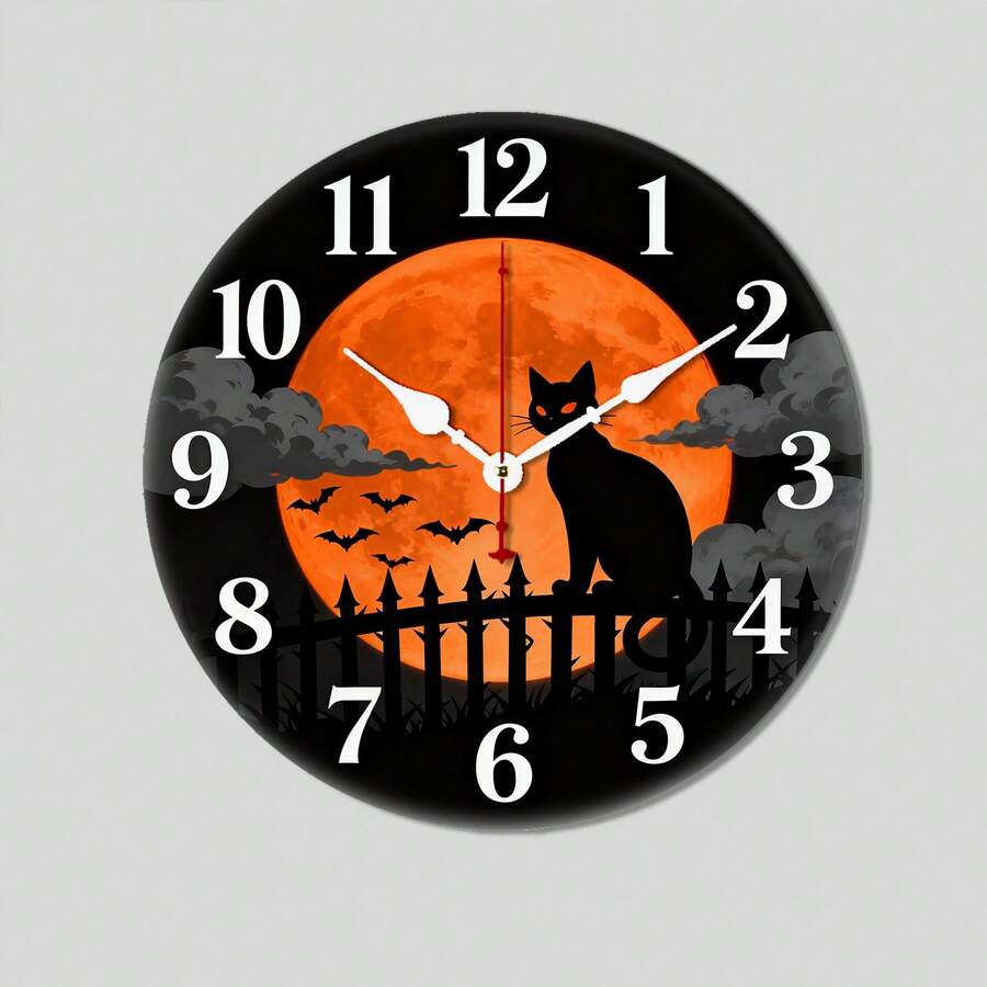 Wooden Clock Horror - Themed Black Cat & Moon Round Wall Clock Spooky Design Adornment Orange Moon & Dark Hues Clear Number Marking Halloween Home Living Room Bedroom Wall Decor Wooden Silent Non-Ticking Vintage 10 Inch Wall Clock Battery Operated For Living Room Bedroom Office Decor Home Decor Room Decor Halloween Decor Halloween Wall Decor Halloween Decorations Bathroom Decor Fall Decor Poster Navidad Decoración Para Cuarto Perfect For Seasonal And Holiday Decor Transform Your Space With Festive Autumn And Halloween Vibes - Wooden wall clock - View 1