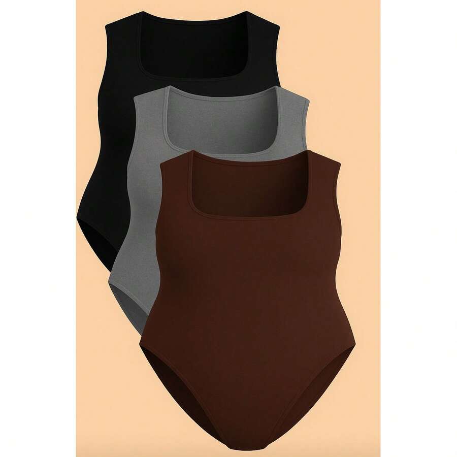 Kit 3 Bory Plus Size Body Bori Tank Top Thick Strap Closed Back Second Skin Fresh Fashion Spring Summer Timeless Clothes Large - BLACK/BROWN/GRAY - View 1