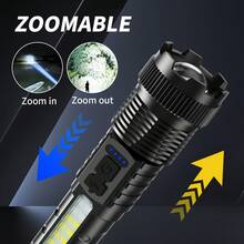 Buy 1 Get 1 Free, Total Of 2pcs High Lumens Rechargeable Led Battery Powered With 6 Modes Multifunctional Flashlights, Cob Side Light, USB C, Zoomable, Powerful Handheld Flash Lights Perfect For Emergency Power Outage - 黑色 - 查看 7