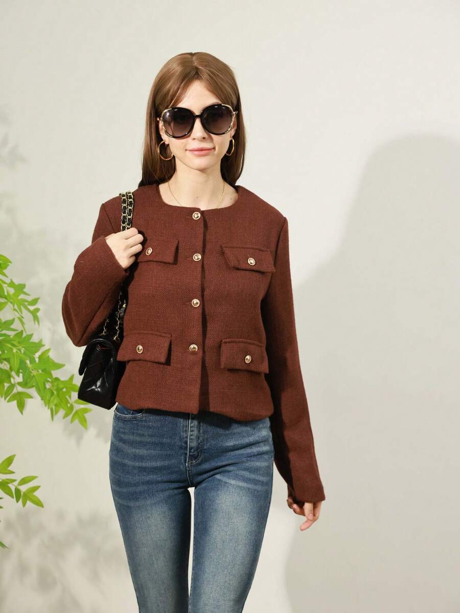 Women's Everyday Fashion Wear Tweed Jacket, Round Neckline Trim Long-Sleeved Solid Color Jacket