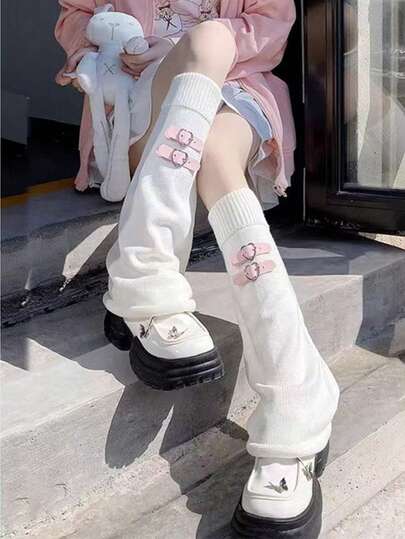 1 par de calentadores de piernas con hebilla en forma de corazón, calentadores de muslo de estilo tejido Y2K, subcultura de moda japonesa