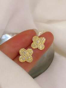2pcs/Set Silver-Tone Cubic Zirconia Clover Earrings, Elegant Jewelry Gift For Women, Casual & Refined - Full Diamond Four Leaf Clover - View 6