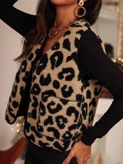Damen Leopard Muster Kontrast-Farbiger Bequemer Lässig Dicker Warmer Weste Mit Einzelreihe Knöpfen & Taschen - Herbst & Winter Neuankömmling / Bestseller