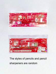 1 Set Christmas Stationery Set, Pencil, Eraser, Sharpener, Ruler, Pencil Case, 5pcs Student Supplies, Suitable For Back To School