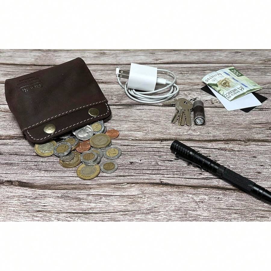 Cartera de para Hombre con Botón a Presión, Adecuada para Guardar Efectivo, Puede Contener Cables, Estilo Rústico Vintage Hecho a Mano FMB-1 (Marrón) - Café Vintage - Ver 1