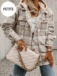 Petite Women Button Front Plaid Print Long Sleeve Pocket Casual Jacket, Daily Casual Wear Women Shirt,Long Sleeve Tops Fall Cloth For Women - Khaki - View 7