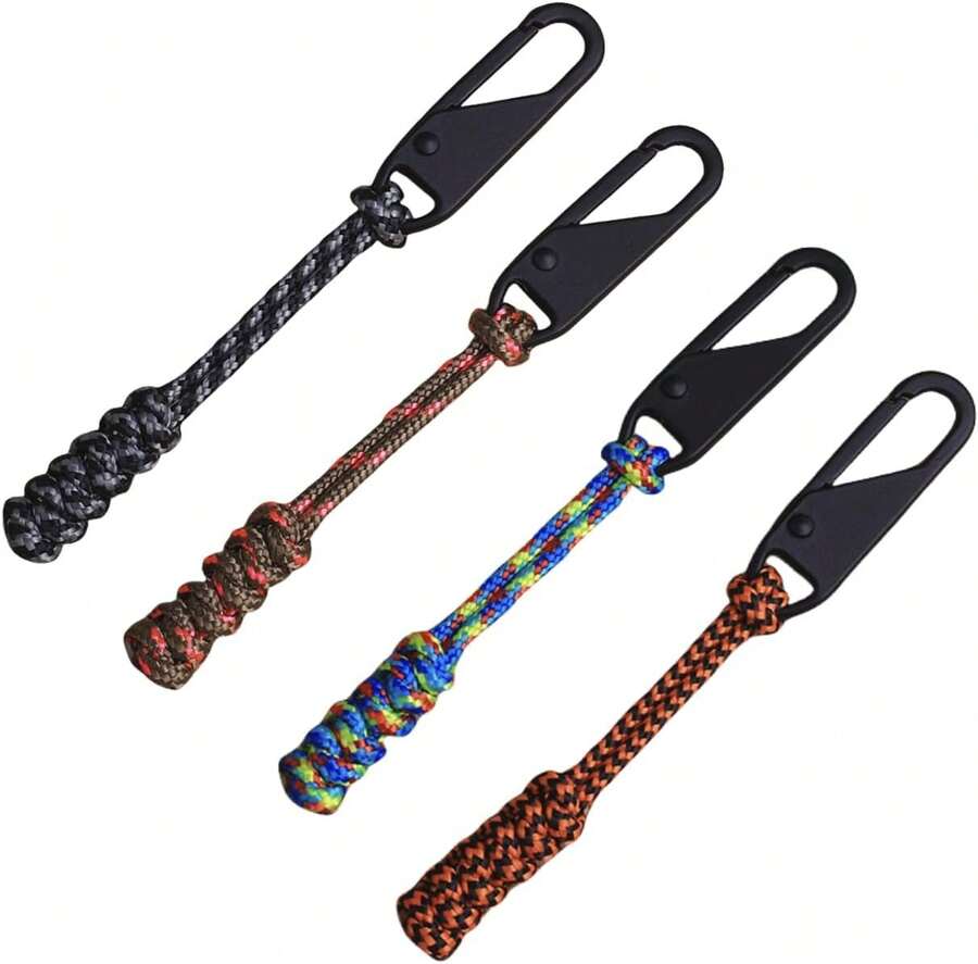 4pcs Paracord Zipper Pulls Replacement Tab Universal Nylon Metal Zipper Clips Repair Kit, Hand Woven Rope Handle Cord Tab For Backpacks Jackets Luggage (4Pcs-A)