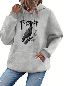Sudadera con capucha estilo gótico oscuro con estampado de letra de cuervo "F-CAW-F" Parte superior gótica retro con cordones, bolsillos, capucha, tela de punto de manga larga, forro de invierno, sudadera de mujer, sudadera, sudadera talla grande, ropa de mujer talla grande, temporada de otoño e invierno, ajuste holgado y cómodo, ropa de otoño e invierno talla grande, uso diario