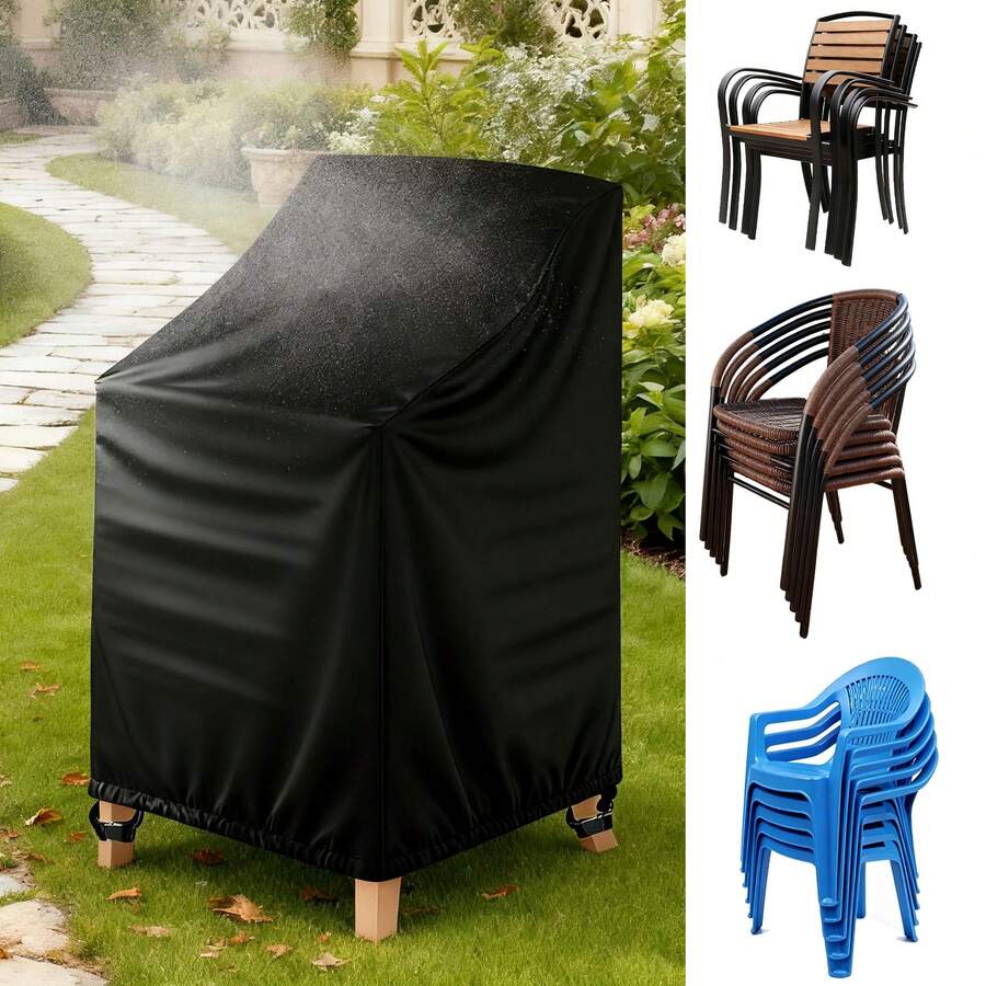 1pc 210D Oxford Cloth Stacking Chair Cover - Black, Outdoor Garden And Patio Furniture Protector, Cover Only - Black - View 1