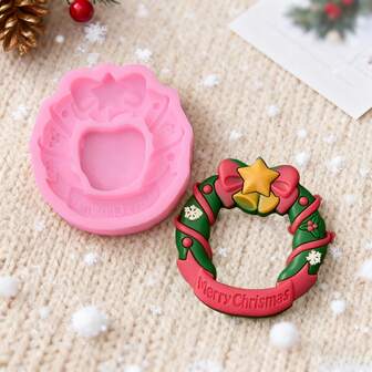 1 pieza Molde de corona de Navidad rosa, Molde de silicona "Feliz Navidad" para resina, velas, manualidades de arcilla, decoración navideña reutilizable DIY, sin contacto con alimentos