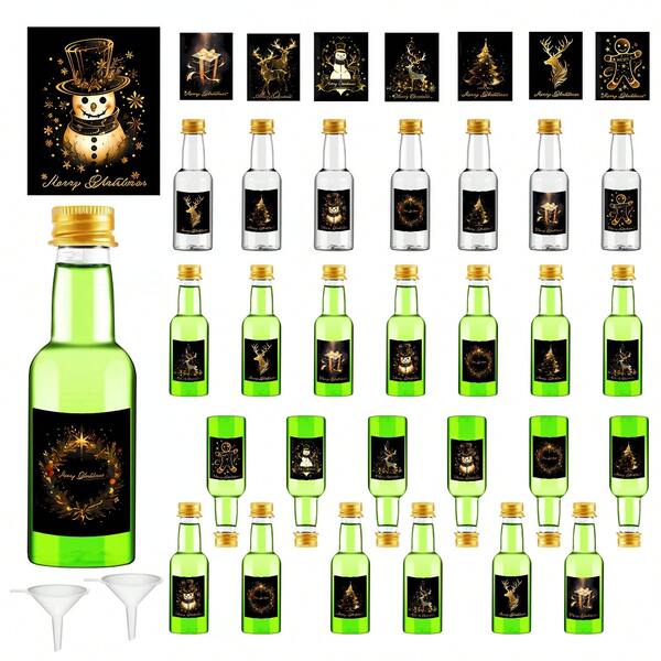39/4PCS Mini Christmas Liquor Bottle,Beverage Dispensing Bottle,Plastic Decorations Bottles,With Black,Golden And Silvery Lids,And With 9 Styles Labels,Perfect For Christmas Party Supplies,Birthday Decorations,Restaurant Decorations,New Years Gifts,Family Gatherings