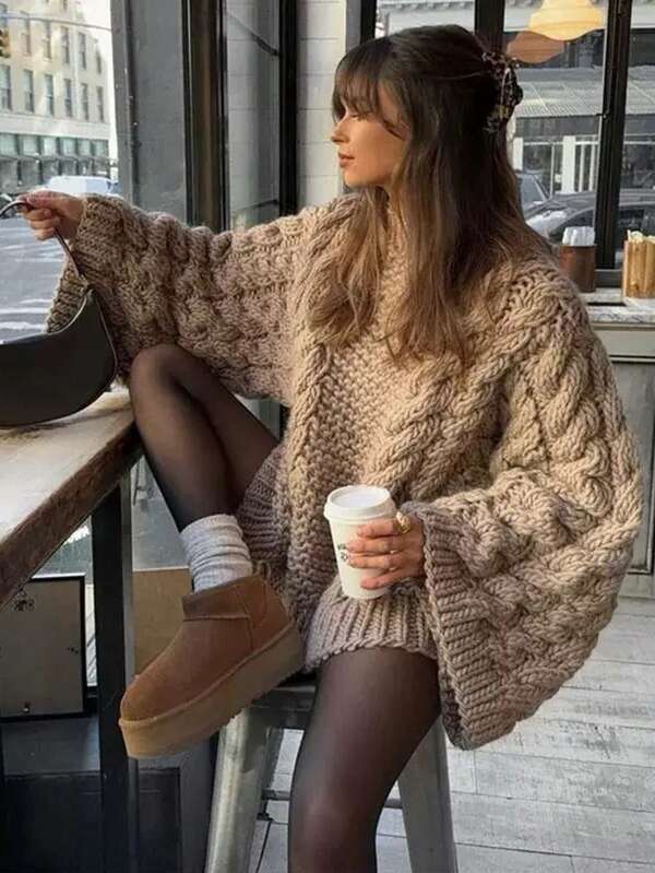 Just Masa Women Autumn And Winter Casual Solid Hemp Pattern Round Collar Wide Sleeve Long Sleeve Sweater