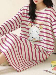 [AICJ 睡衣]卡通条纹落肩宽松睡裙，冬季，宽松睡衣 - 粉色 - 查看 3