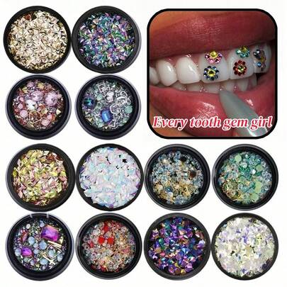 39pcs Creative Geometric Pattern Tooth Jewelry Set, Y2K Shiny Tooth Fashion Decor, DIY Beginner Tooth Jewelry, Unisex (No Glue, With Box)