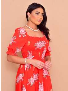 Helena Midi Dress With Printed Crepe Lastex Stitch And Short Sleeves - 紅色 - 查看 5
