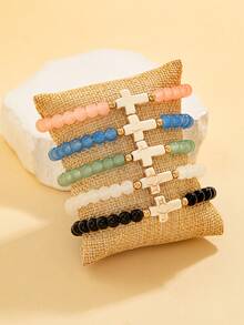 5/10pcs Colorful Glass Beaded Elastic Bracelet Set, Unisex DIY Multi-Layer Cross Bracelet, Suitable For Casual Daily Wear