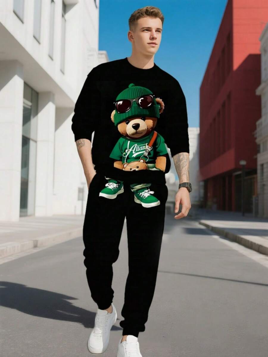 Men 2pcs Fashionable Casual Bear Pattern Sweatshirt & Pants Set, Cozy Outfits, Fall Clothes