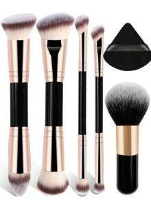 YISE 6件套专业面部双头化妆刷套装，包含4支双头化妆刷、1支大号腮红刷和1个三角粉扑。套装涵盖多种刷型：斜角和锥形粉底刷、轮廓刷、腮红刷、散粉刷、眼影刷、遮瑕刷。 - 黑色 - 查看 1