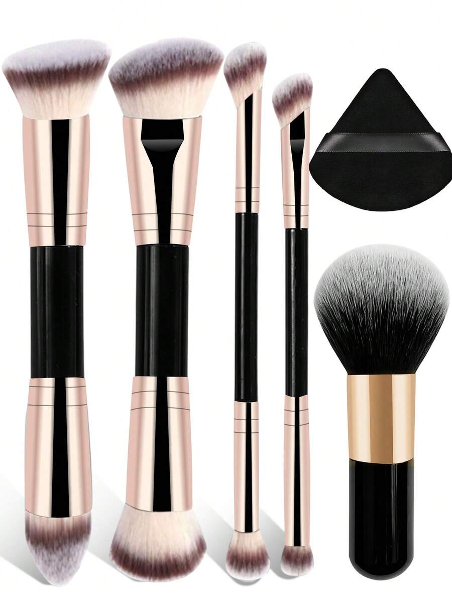 YISE 6件套专业面部双头化妆刷套装，包含4支双头化妆刷、1支大号腮红刷和1个三角粉扑。套装涵盖多种刷型：斜角和锥形粉底刷、轮廓刷、腮红刷、散粉刷、眼影刷、遮瑕刷。 - 黑色 - 查看 1