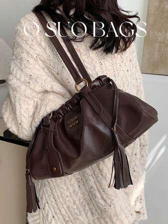 Vintage enfärgad PU-läderväska för kvinnor, veckad enaxlad armhålsväska med dragsko, lätt pendlarväska med dubbla handtag, höst/vinter