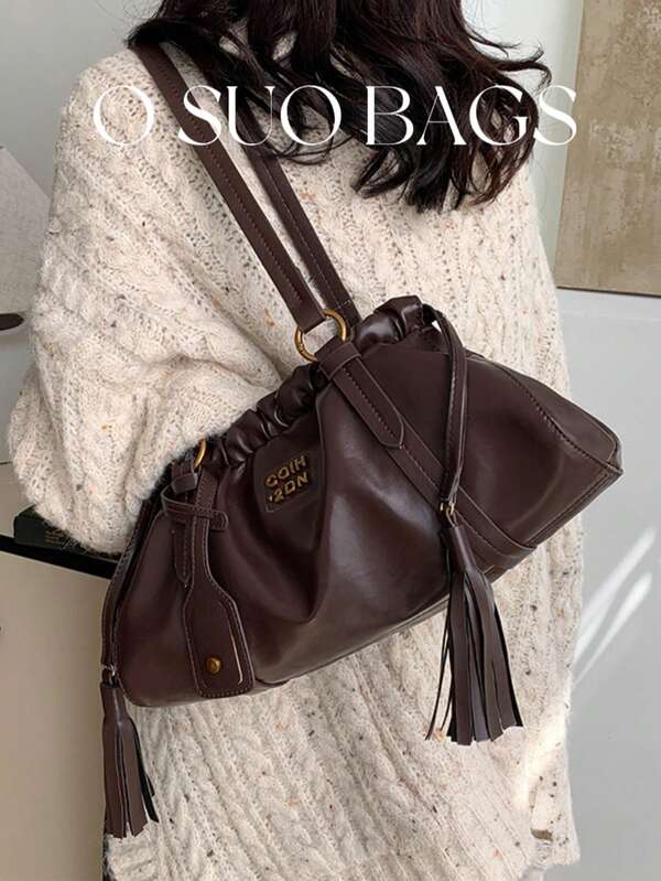 Vintage Solid Color PU Leather Women's Bag, Pleated One Shoulder Underarm Bag With Drawstring Closure, Lightweight Commuter Dual Handle Cloud Bag, Autumn/Winter