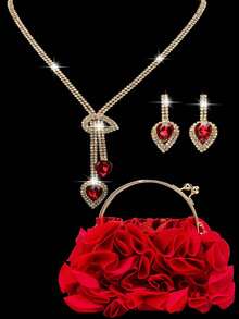 水钻珠宝闪亮项链耳环手链套装，搭配奢华红色花朵新娘手提包/手拿包，适合派对、浪漫婚礼、春夏链条单肩包、新娘包、正式舞会手拿包、优雅晚礼服包，完美适用于派对、婚礼、舞会、晚宴/宴会，可搭配节日派对礼服、晚礼服和亮片连衣裙。 - 紅色 - 查看 2