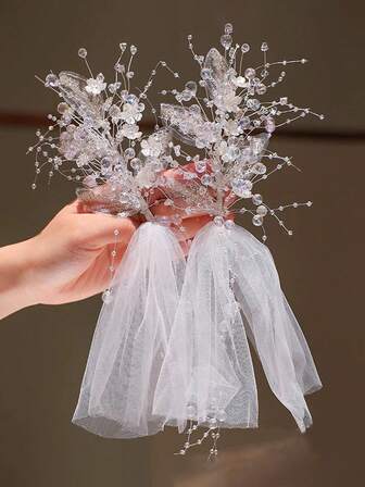 2pcs Elegant Crystal Beaded Flower Hair Clips, Dreamy Woodland Bridal Headpiece, Polyester Fiber Hair Accessories For Wedding Dress